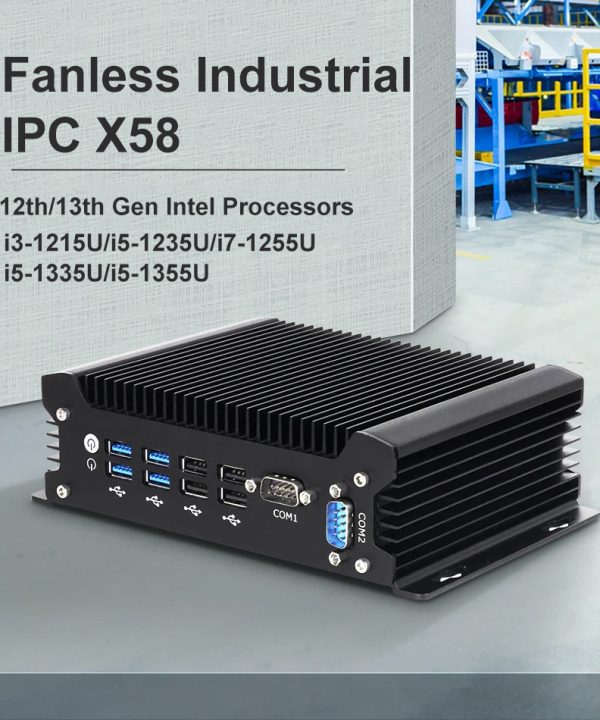 Máy tính công nghiệp Mini fanless Intel Core i7 1355u 1255u DDR5 M.2 SSD 2X Com RS232 2X Lan 8X USB WIFI Sim 4G LTE Windows Linux