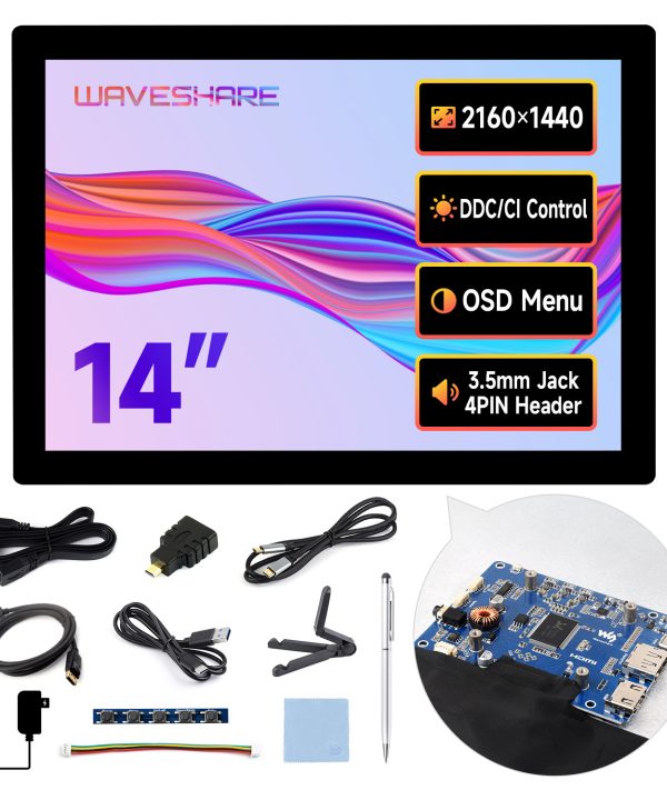 Màn hình cảm ứng điện dung 14inch 2K Waveshare, 2160 × 1440, chất lượng hình ảnh độ phân giải cao, cảm ứng 10 điểm, liên kết quang được gia cố